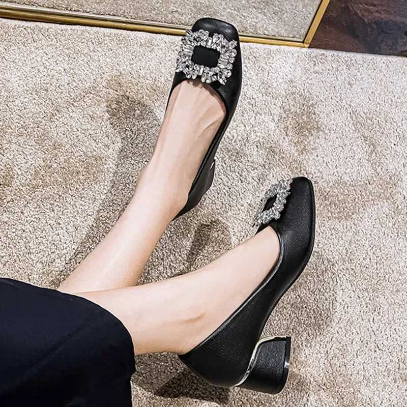 2024 New Women 5cm High Heels Elegant Party Pumps Female Bling Crystal Square Buckle Square Toe High Heels Lady Barefoot ShoesLX241014