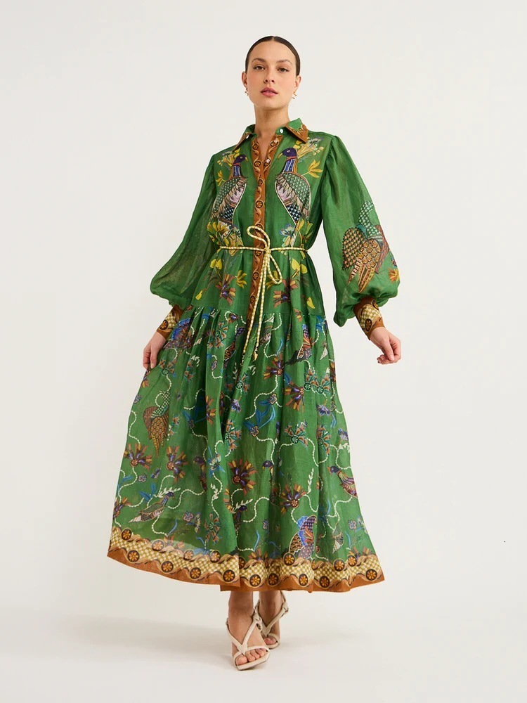 Floral Printed Long Dresses For Womens Spring Fall Long Sleeve Dress New Cardigan Linen Lace Up Skirt