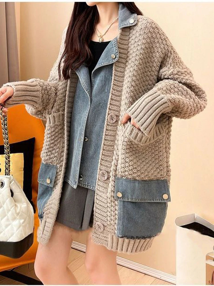 LANMREM Denim Patchwork Knitted Sweater Single Breasted Loose Irregular Cardigan Female Clothing Autumn Winter 2DA9204 241009
