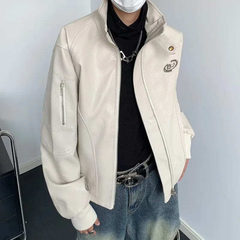 FEWQ Mens PU Leather Jacket Stand Collar Autumn Niche Top Trendy Solid Color Long Sleeve Male Tops Fashion 24X2144 241011