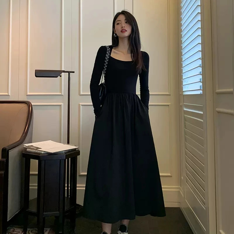 Vintage Square Collar Maxi Wedding Dresses for Women Clothing Party Office Lady Casual Black Pockets Bodycon Midi Dress Autumn 241007