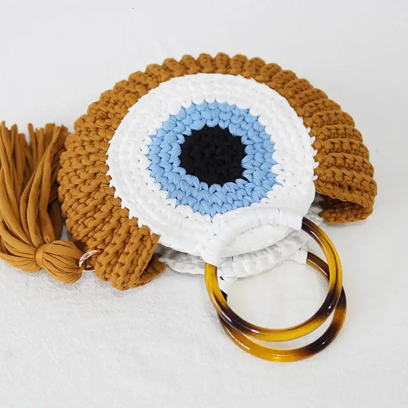Rope crochet handbag tassel eye circular handle clutch womens handmade knitted yarn beach bag shoulder 241014