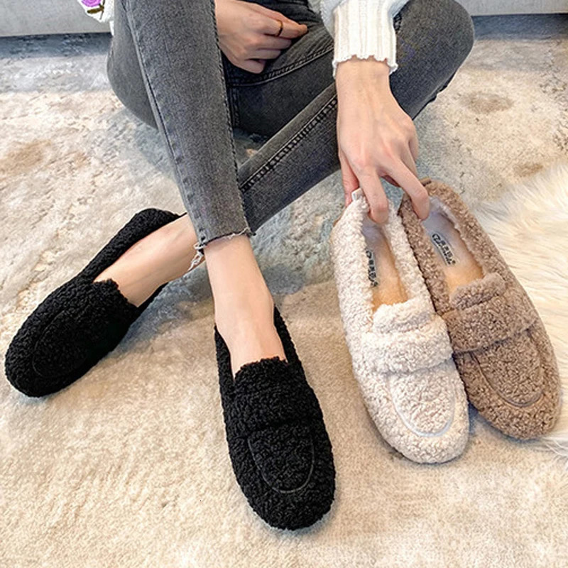 Plus Size Women Shearling Flats Furry Lambswool Mocasines Mujer Warm Cotton Shoes Ladies Slip On Sheep Fur Lined Loafers Winter 241014