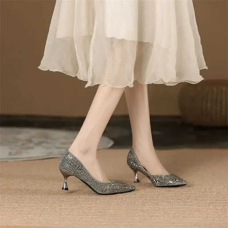 Women Kitten High Heels Shoes Glitter Crystal Pumps Ladies Pointed Toe Dress Party Tacones Femme Escarpins Wedding ShoesLX241014