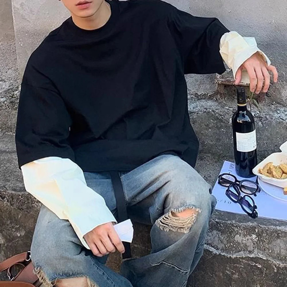 Mens T-Shirt Long Sleeve Y2K Korean Style Two-Piece Contrast Stitching Top Autumn Oversize Casual Pullover MenS Clothing 241011