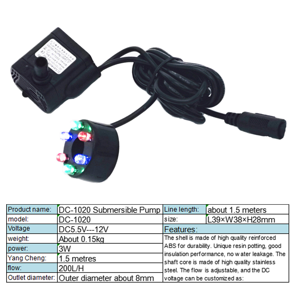 DC5.5-12V 3W Colourful light DC pump 6 perforated waterproof LED lights with suction cup pump Fish Pond Fish Tank Aquarium