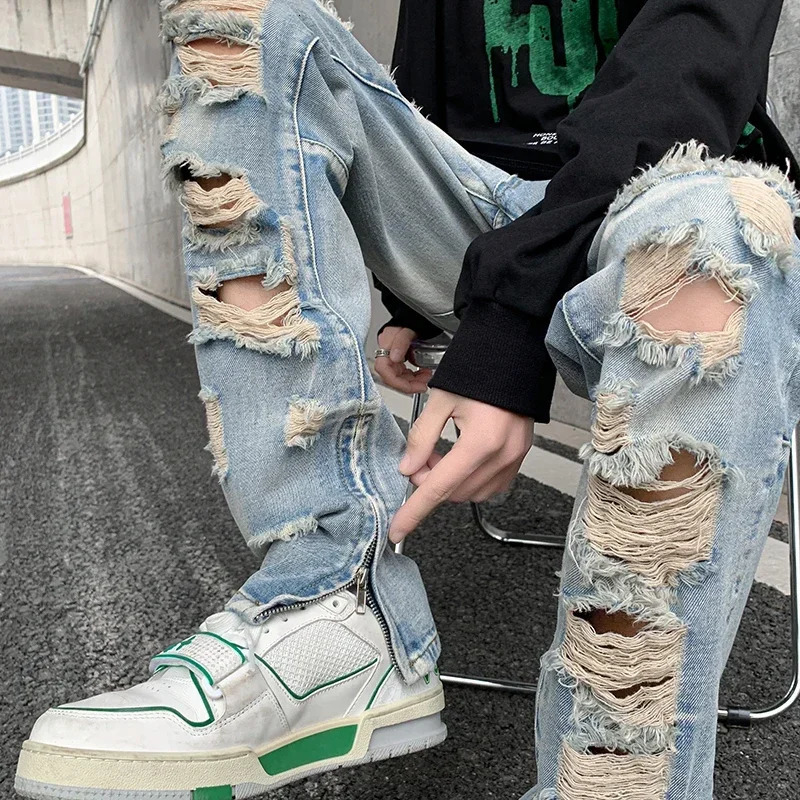 Men Summer Big Ripped Tassel Fashion Jeans Male Breathable Streetwear Baggy Hip Hop Distressed Denim Pants Y2k Goth Trouser 241011