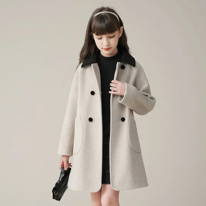 Girls Woolen Coat Overcoat Jacket Windbreak Beige Warm Plus Thicken Winter Cotton Teenagers Gift Childrens Clothing C15 241014