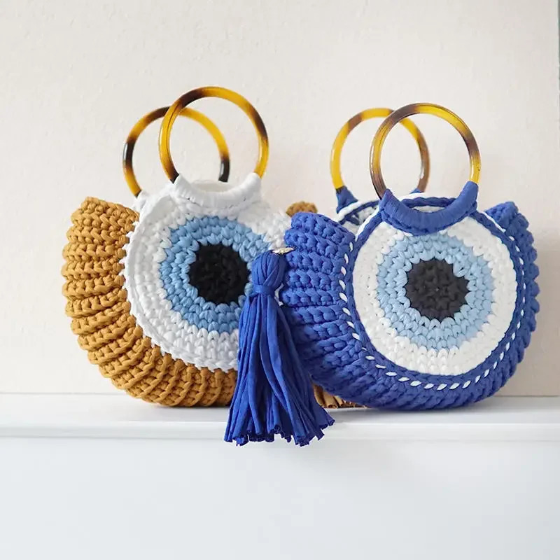 Rope crochet handbag tassel eye circular handle clutch womens handmade knitted yarn beach bag shoulder 241014