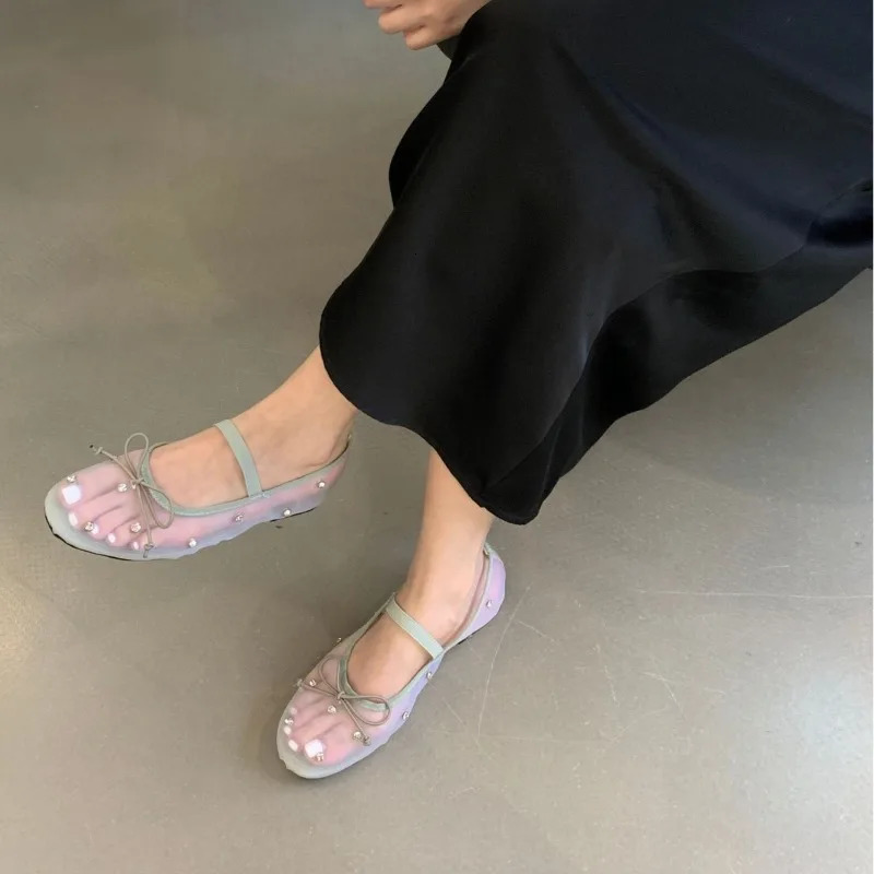 Rhie Mesh Breathable Shallow New Mouth Single Flat Bow Ballet Mary Jane Womens Shoes 241014