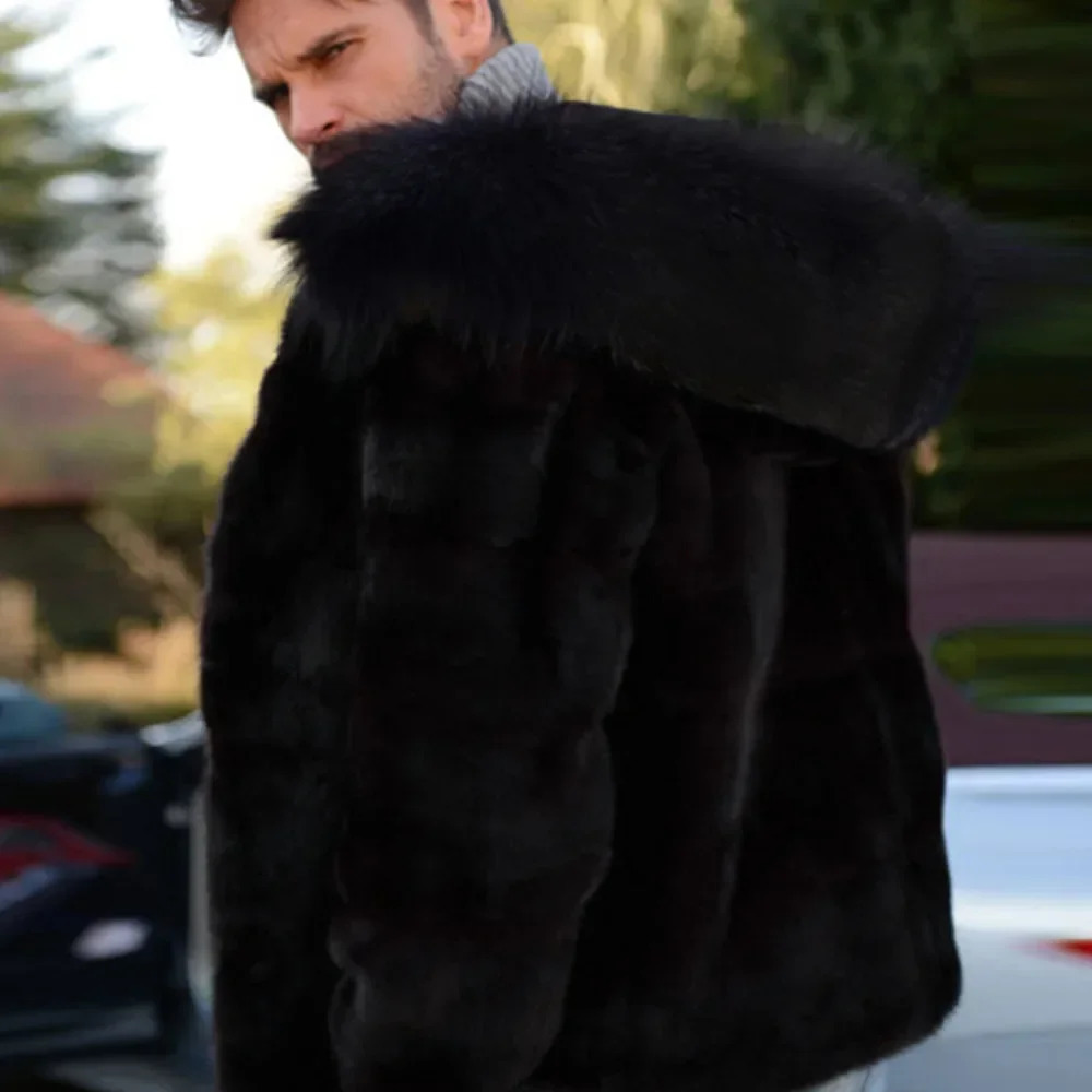 Mens Faux Fox Fur Coat Autumn Winter Men Fashion Long Sleeve Warm Hooded Faux Fur Black Casual Men Jackets Cardigan Coat 241011