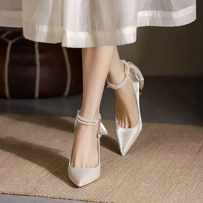 Elegant Ladies White Pearls Ankle Strap Pumps for Wedding Women Silk Back Bowtie High Stiletto Heeled Shoes Woman Spring 2023LX241014