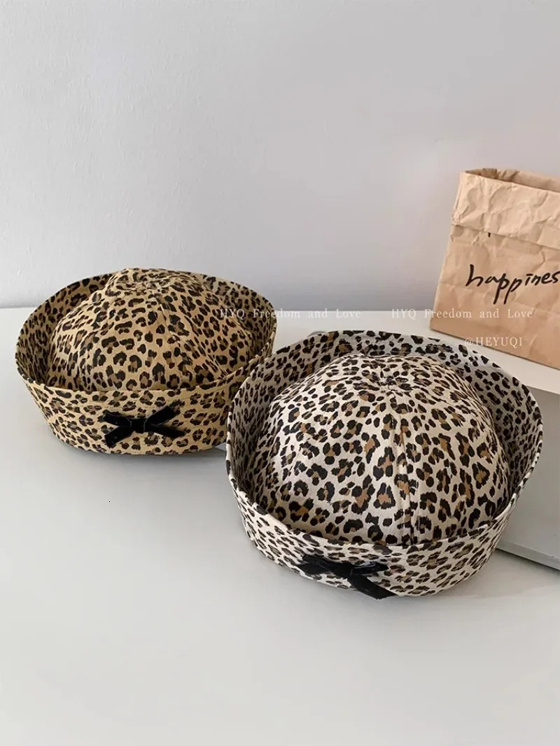 Japanese Y2K JK Yuppie Style Bow Leopard Print Sailor Hat Female Retro tie Showing Face Small Flipped Brim Beret Cap Women 241009