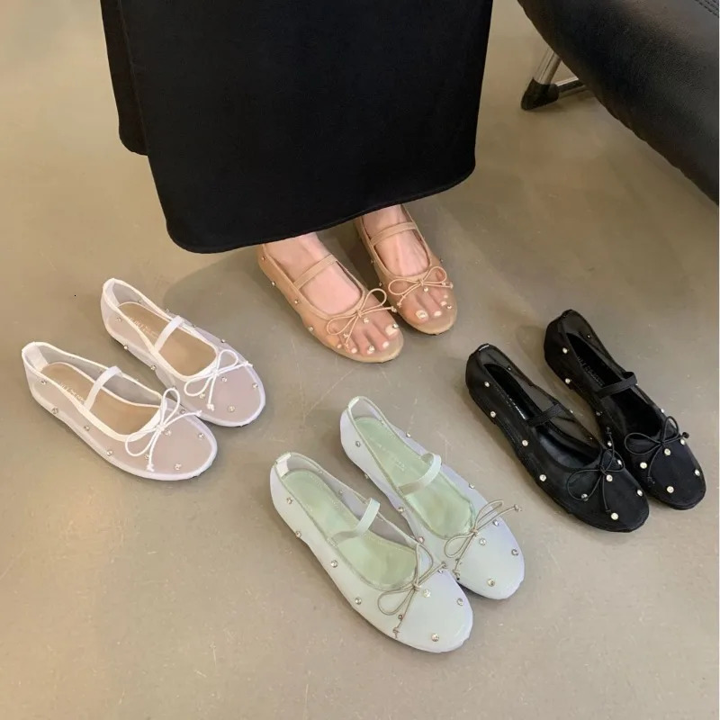 Rhie Mesh Breathable Shallow New Mouth Single Flat Bow Ballet Mary Jane Womens Shoes 241014