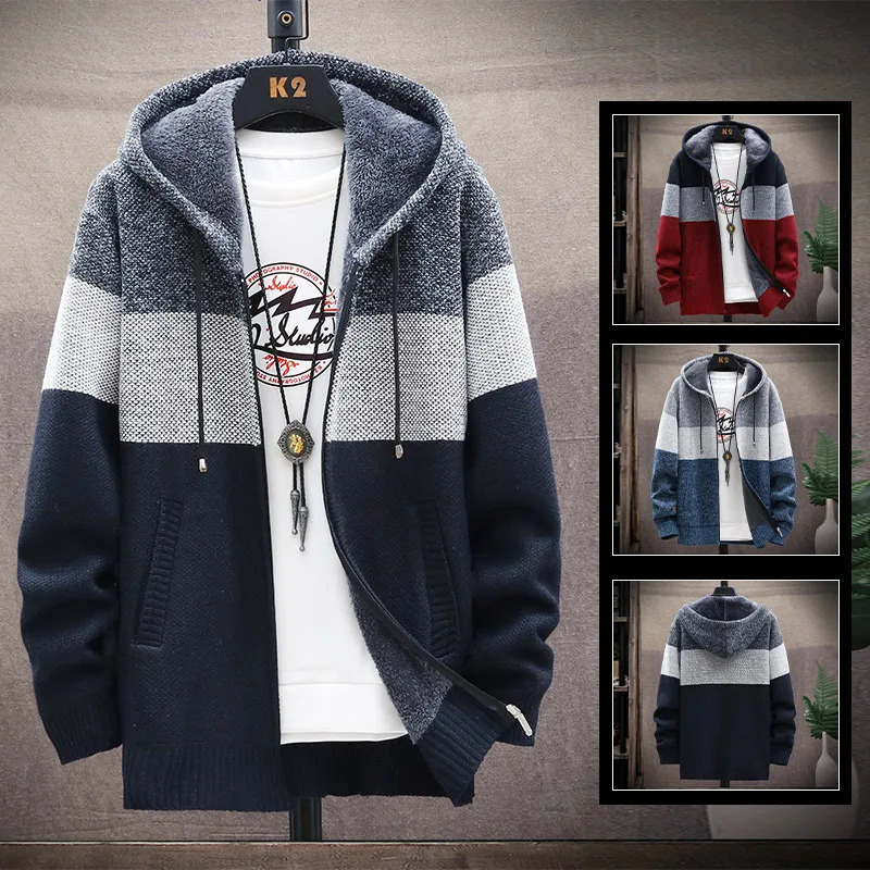 Mens Knit Sweater Fleece Coat Striped Jackets Fashion Hoodies Winter Autumn Thick Warm Windbreaker Pullovers Male Clothing 241010