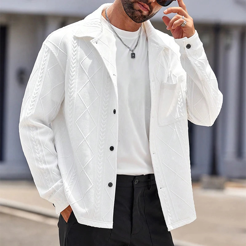Stylish Turn-down Collar Button-up Mens Jacket 2024 Autumn Fashionable Jacquard Solid Color Jackets For Men Vintage Cardigan Top 241011
