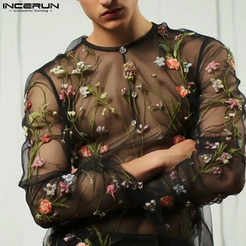 INCERUN Tops 2024 American Style Fashion Men Perspective Mesh Print Pattern T-shirt Sexy Thin O-neck Long Sleeved Camiseta S-5XL 241011