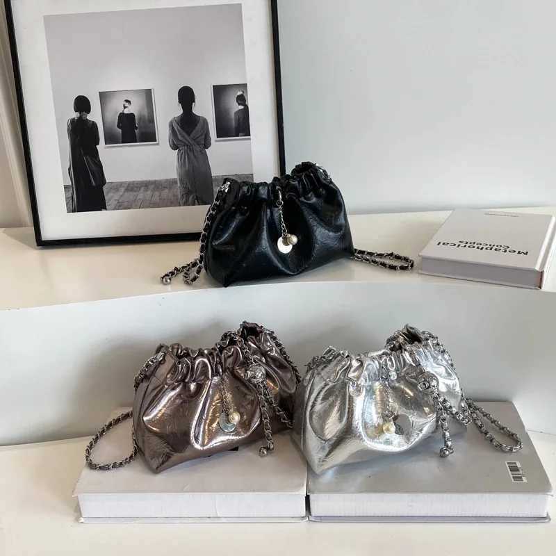 LEFTSIDE Womens Small Silver Cross Bag Korean Fashion Designer Womens Bucket Bag Womens Chain Drawstring Handbag M241014