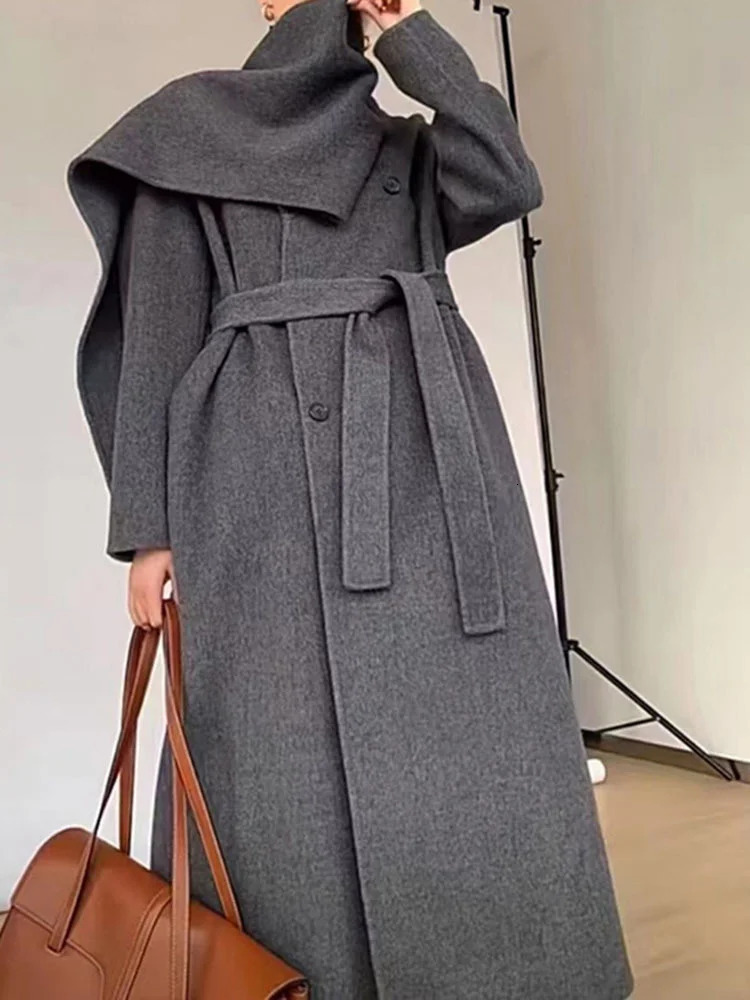 Eshin 2024 Autumn And Winter Shawl Scarf Collar Doublebreasted Solid Color Womens Doublesided Woolen Belt Coats TH5394 241010