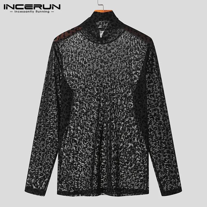 INCERUN Men T Shirt Leopard Print Turtleneck Mesh Sexy Long Sleeve See Through Camisetas Streetwear Fashion Men Clothing 241011
