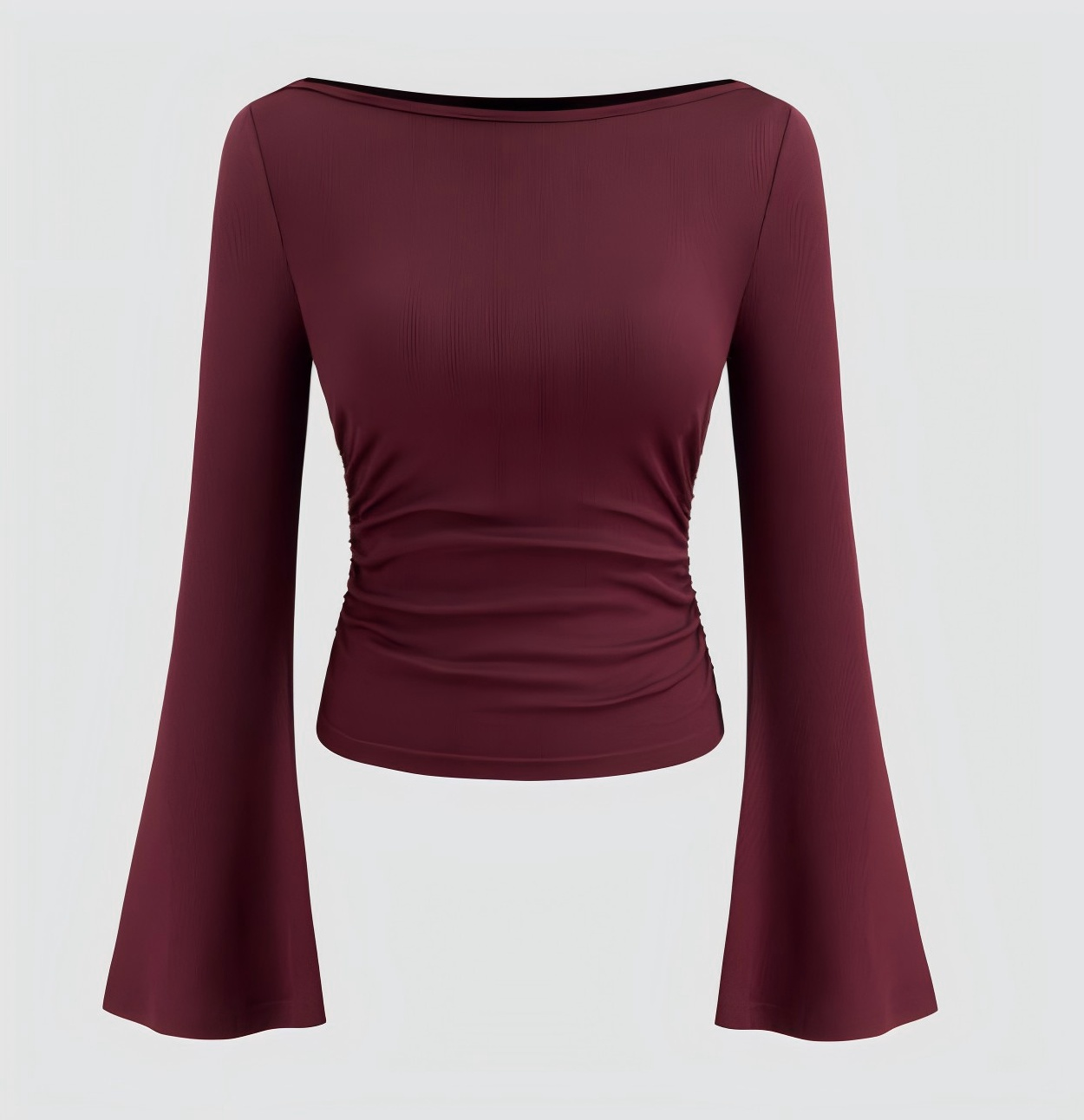 Boat Neck Solid Ruched Long Sleeve Tee