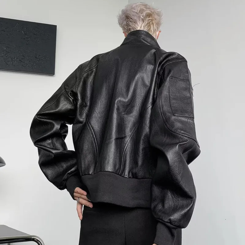 FEWQ Mens PU Leather Jacket Stand Collar Autumn Niche Top Trendy Solid Color Long Sleeve Male Tops Fashion 24X2144 241011