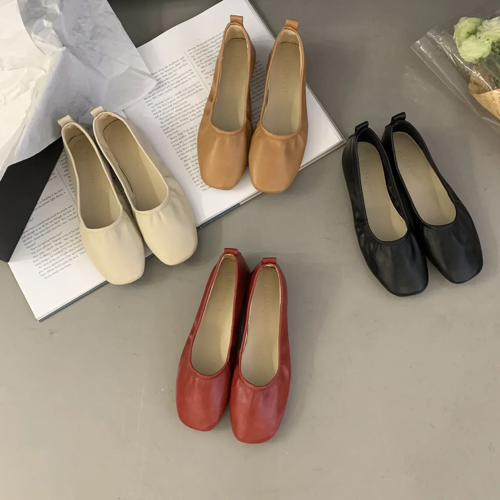 Ballet Flat Women Comfy Leather Woman Square Toe Thin Strap Mary Janes Ladies Retro New Casual Shoes 241014