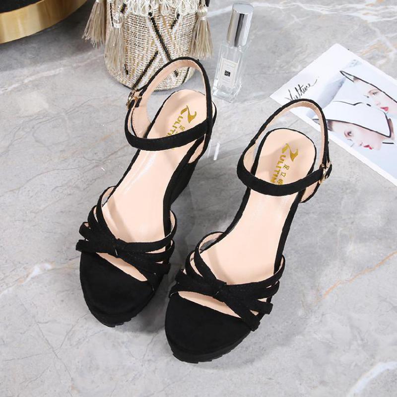 Black Wedges Heel Sandals Women Summer New 10cm High Heels Plus Size Shoes
