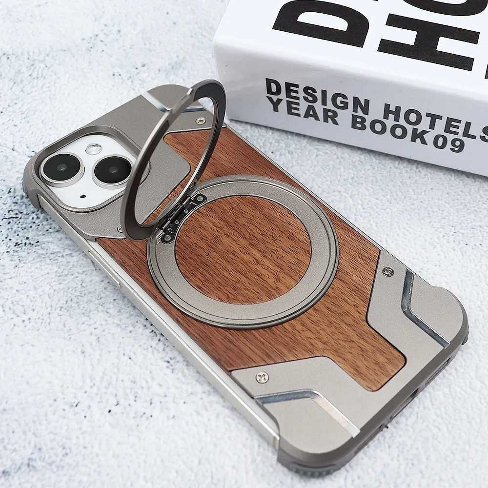 New Arrival Walnut metal case for iPhone 16 15 14 13 Pro 360 rotating ring holder magnetic phone holder protective cover Z241012