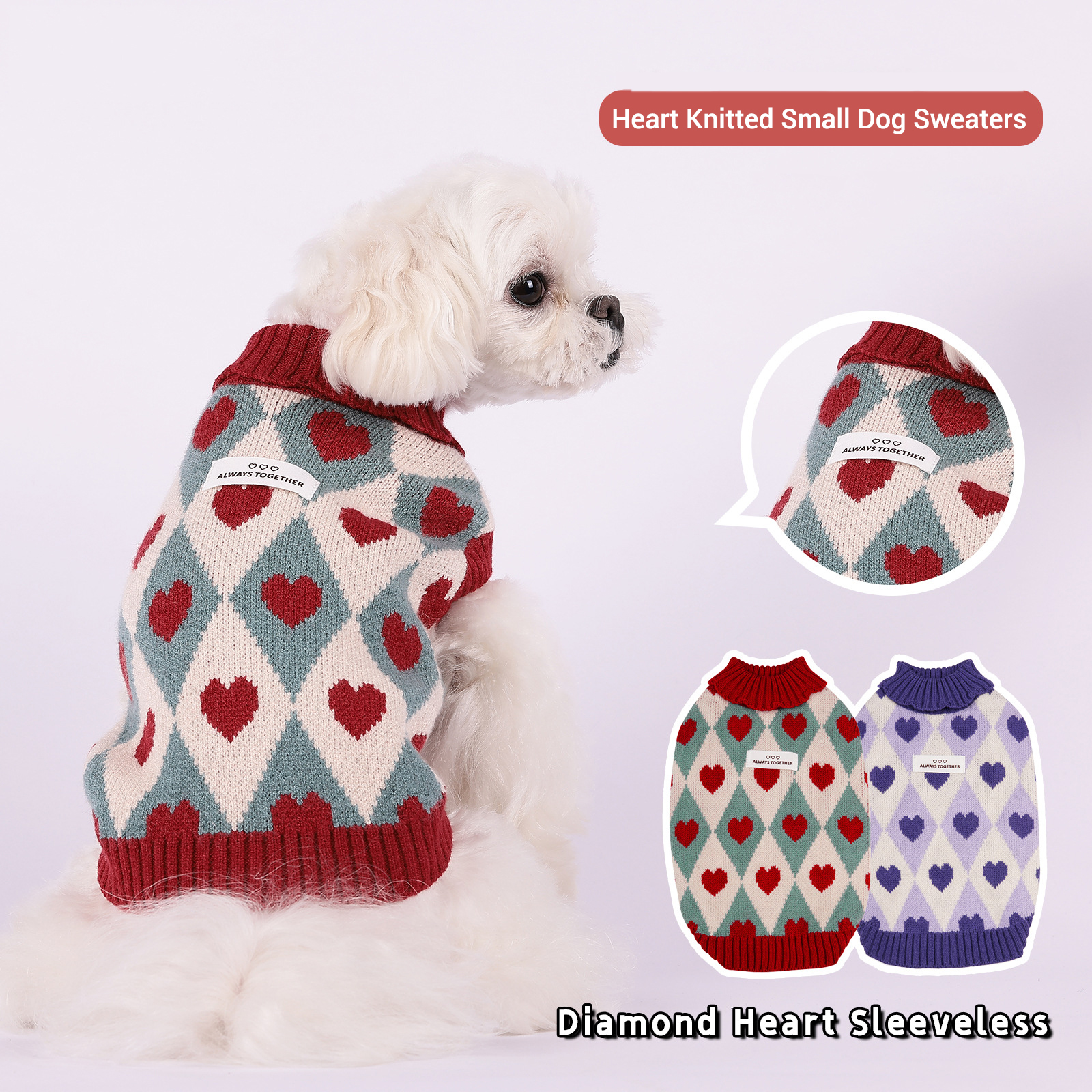 Sweater for Dog Winter Warm Small Dog Clothes Cute Diamond Heart Pattern Knitted Puppy Sweaters Turtleneck Chihuahua Yorkie Coat