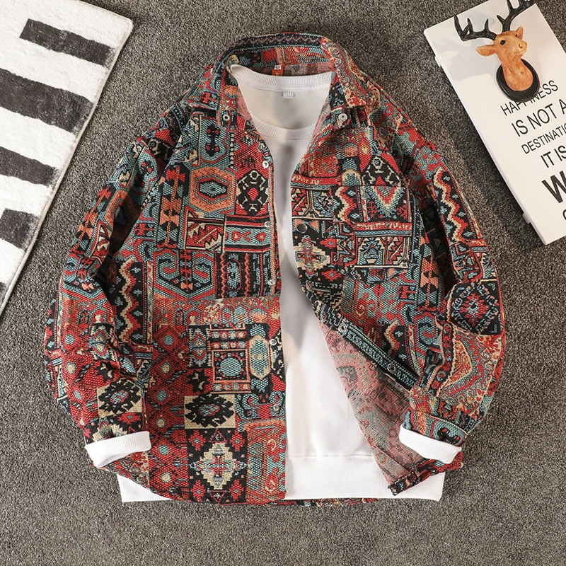 Autumn Lapel Ethnic Style Jacquard Shirt Mens Casual Loose High Street Jacket Men Tops Overcoat Shirts Male Clothes 241011
