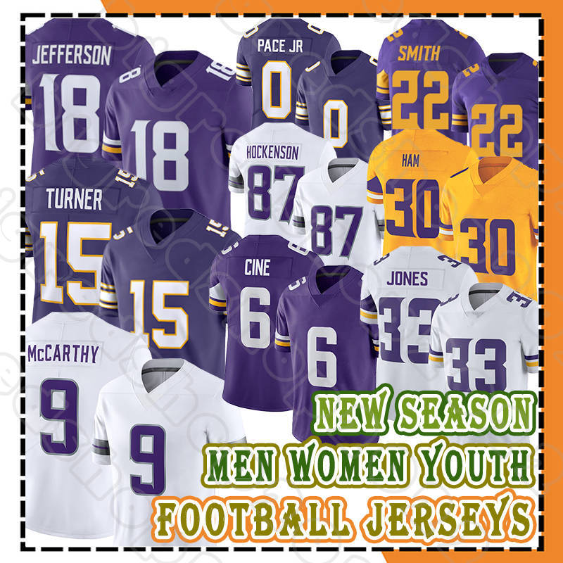 Justin Jefferson J.J. McCarthy Football Jerseys Turner Addison Minnesotaes Vikingss T.J. Hockenson Aaron Jones Sam Darnold C.J. Ham Randy Moss Cris Carter Harrison Smith