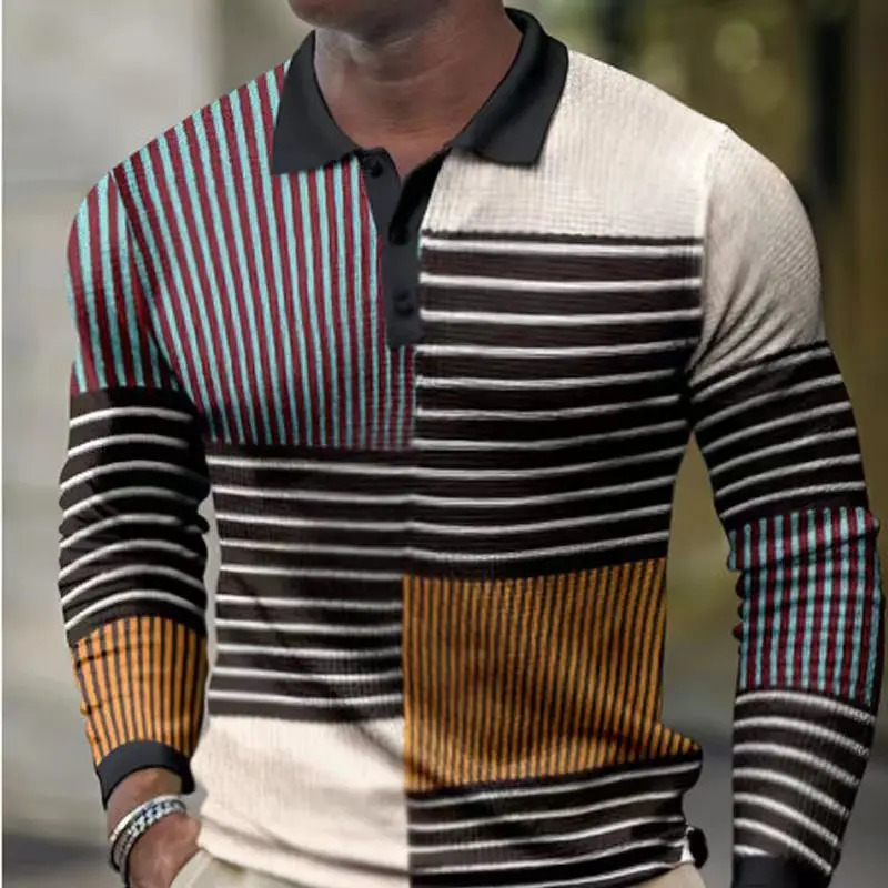 mens spring and autumn striped color POLO shirt mens lapel casual long sleeve top S-3XL 241010