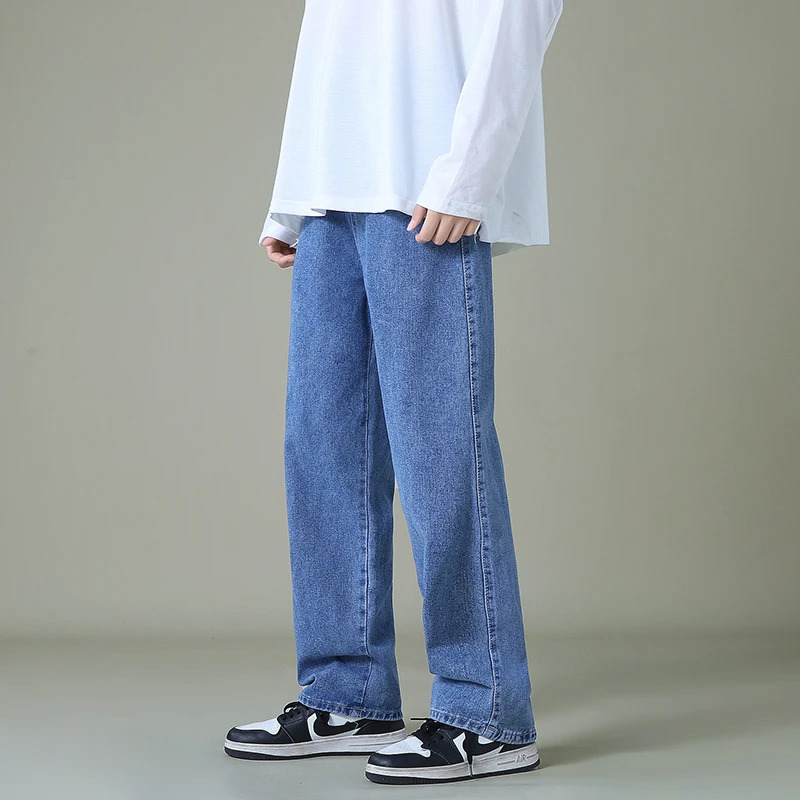 Autumn Men Denim Wide-leg Pants Korean Style Straight Light Blue Baggy Jeans Elastic Waist Student Trousers Male Black Gray 241011
