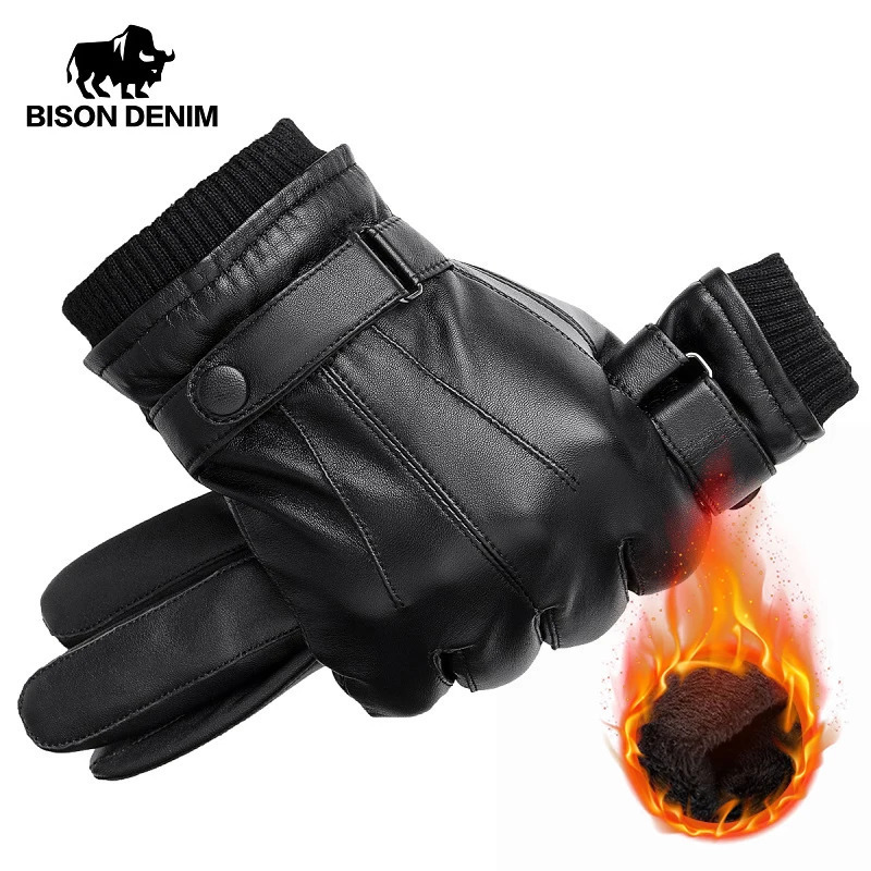 BISON DENIM Mens Genuine Leather Sheepskin Gloves Autumn and Winter Warm Touch Screen Full Finger Black High Quality S019 241009
