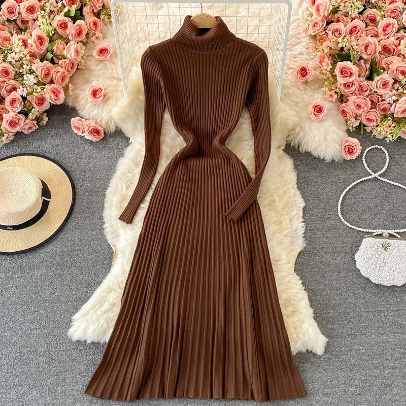 REALEFT Autumn Winter Turtleneck Womens Knitted Dresses 2024 Long Sleeve Solid Casual ALine Pleated Female 241007