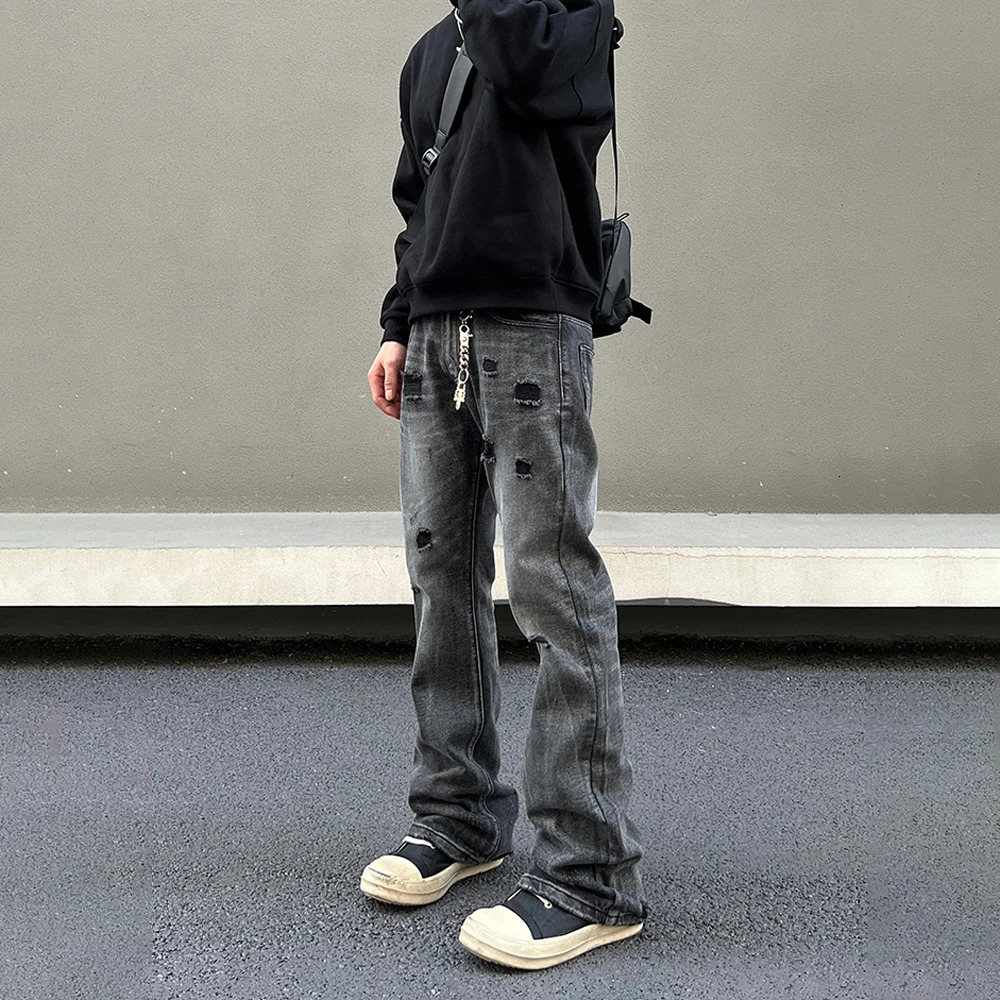 Ripped Jeans Men Black Streetwear Y2k Denim Pants Autumn Winter Casual Fashion Street Vintage Cool Stacked Straight Leg Trousers 241011