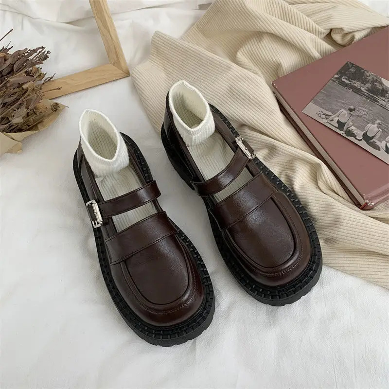 Summer Gothic Cute Woman Middle Heel Thick Bottom Japanese Lolita Black Small Leather Versatile Retro One New Button Strap Mary Jane Single Shoes