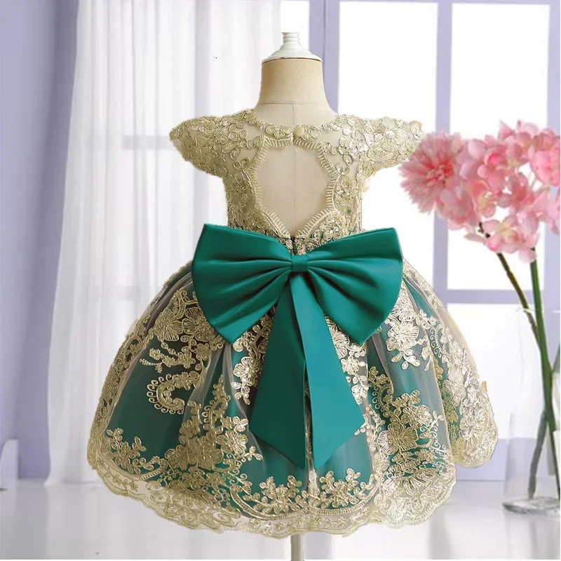 Elegant Girls Dress Golden Vintage Formal Gown Princess Embroidery Dresses for Girl Baby Wedding Baptism Party Lace Dress 241014