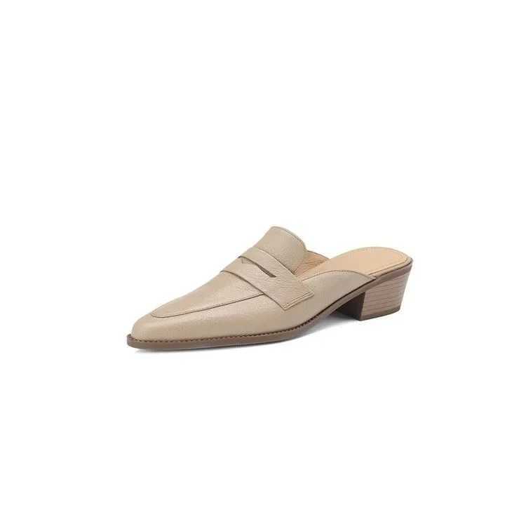Summer Women Sandals Genuine Leather Shoes for Women Pointed Toe Concise Modern Sandals Chunky Heel Women Mules Solid SlippersLX241014