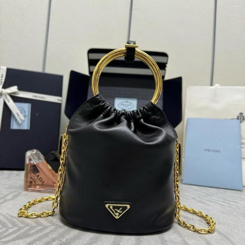 Drawstring 2024 Autumn And Winter Metallic Ring Frosted Lambskin Cyber Celebratory Bucket Bag fe5f