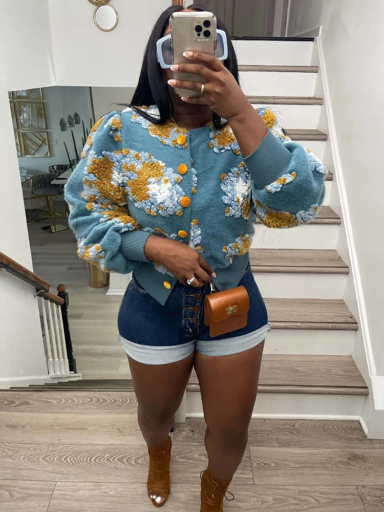 Sibybo Cotton Rib Knit Sweater For Woman 3D Flower Singlebreasted Cardigan Coat Street Temperament Casual Pull Hiver Femme 241009