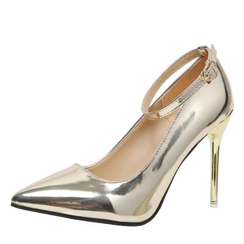 Plus Size 44 Women Thin High Heel Dress Shoes Woman Wedding Gold Silver Shoes Pointed Toe Ankle Buckle Sexy Pumps Work Shoe 11cmLX241014