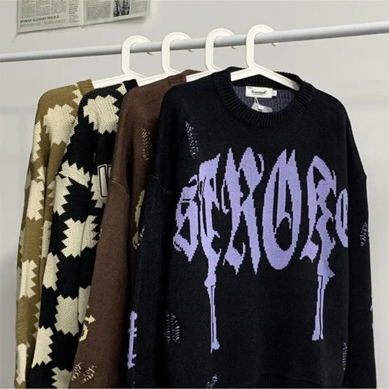 American retro tear hole letter jacquard knitted sweater mens long sleeved loose Versatile Pullover 241007