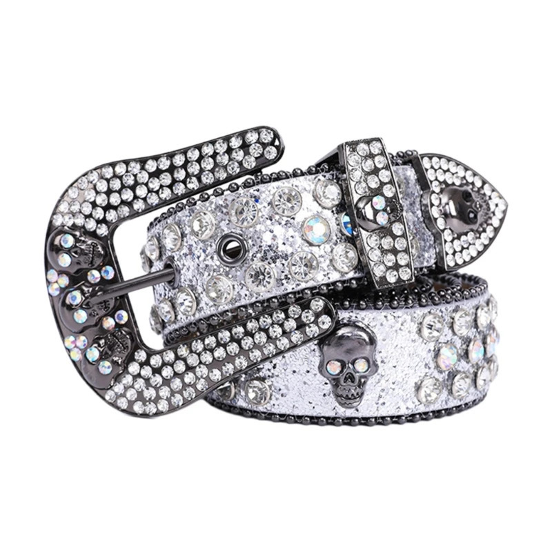 Home Skull Buckle Strap Womens Pu Leather Strap Rhinestone Buckle Strap Western Cowboy Y2k Girls Jeans Zipper Fashion Strap 240927
