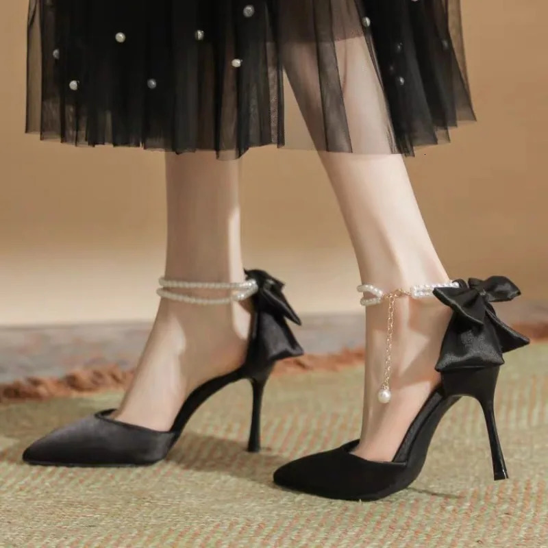 Women Thin Heel Hollow Sandals Woman Pearl Butterfly Pointed Toe High Heels Pumps New Womens Drees Wedding Shoes 241014