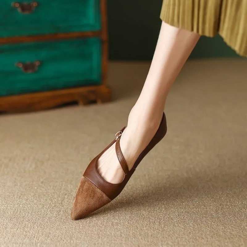 2024 New Women Flat Womens Pointed Toe Single Shoes One Word Buckle Round Mary Jane Shoes Ballerina Flats MujerLX241014