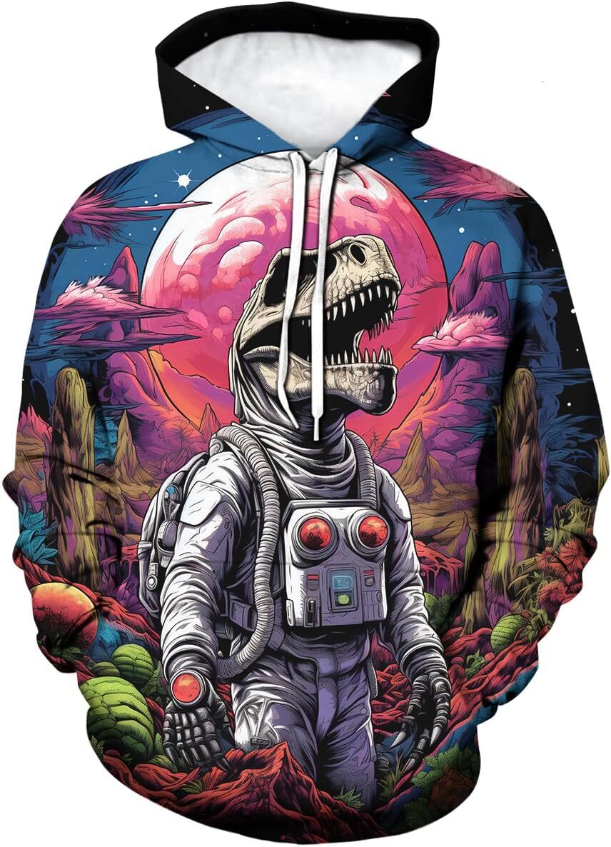 Hoodie for Mens Womens Mens Trippy Dinosaur Astronaut Skeleton Cool Graphic Hoodies Hooded 3D Animal Skull Sweatshirts Pullover Graphic Trendy Fashion