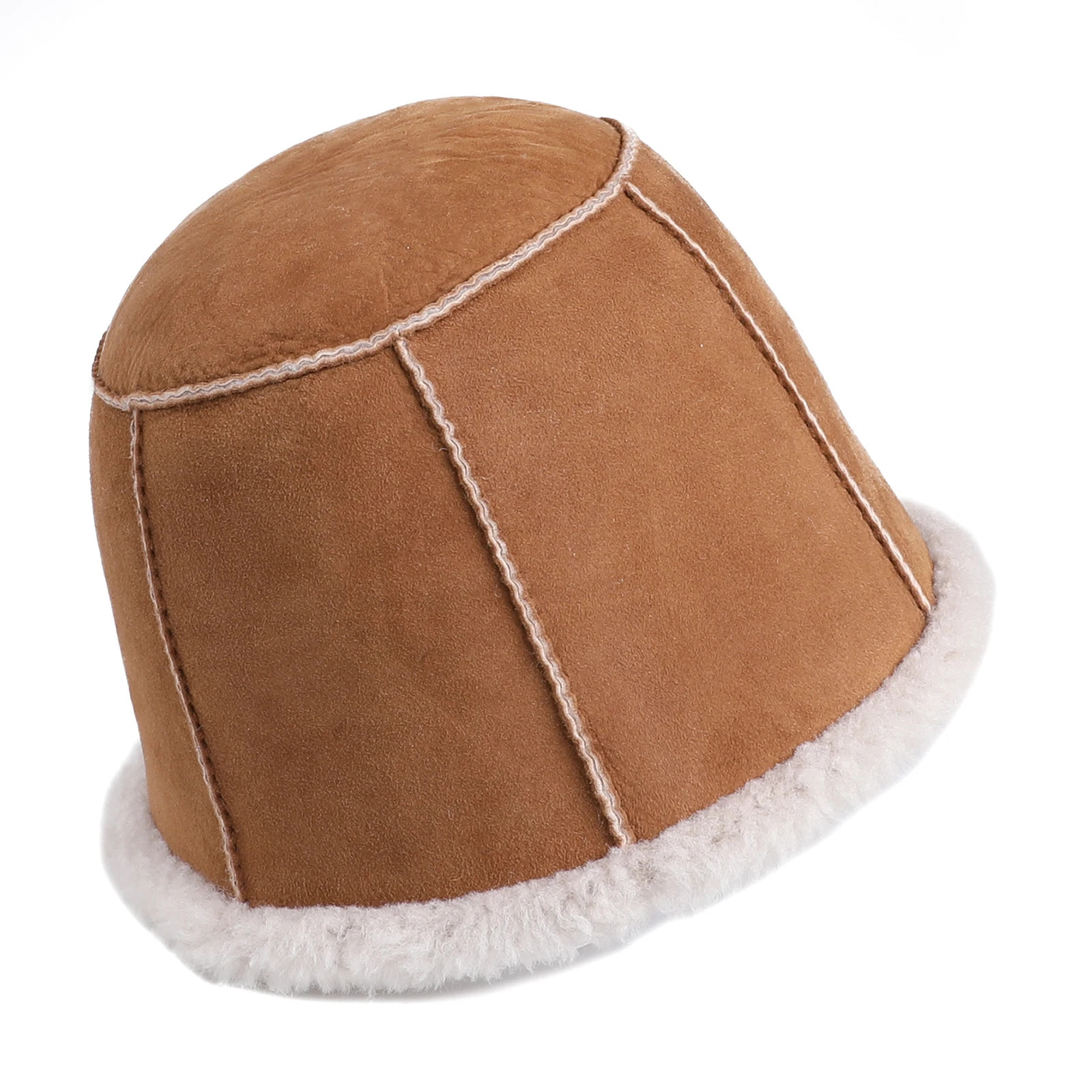 Womens Genuine Shearling Wool Leather Bucket Hat Lady Winter Warm Real Fur Caps Hand-Stitched 241014