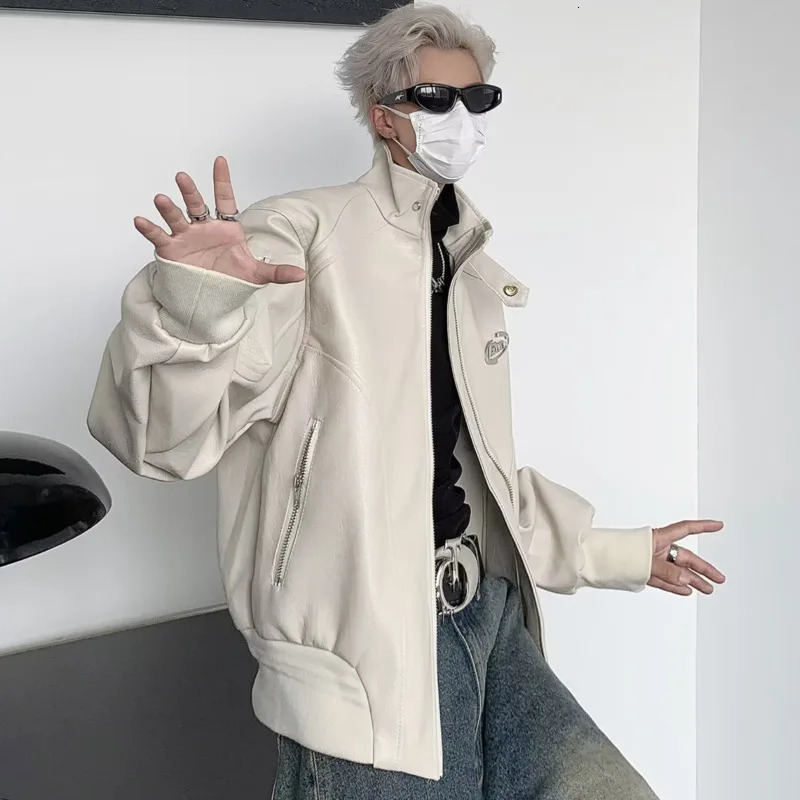 FEWQ Mens PU Leather Jacket Stand Collar Autumn Niche Top Trendy Solid Color Long Sleeve Male Tops Fashion 24X2144 241011